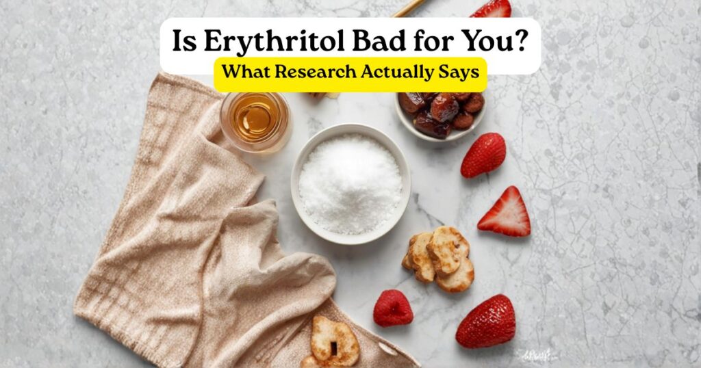 bowl of erythritol sweetener with natural alternatives like honey and dates on a clean kitchen counter