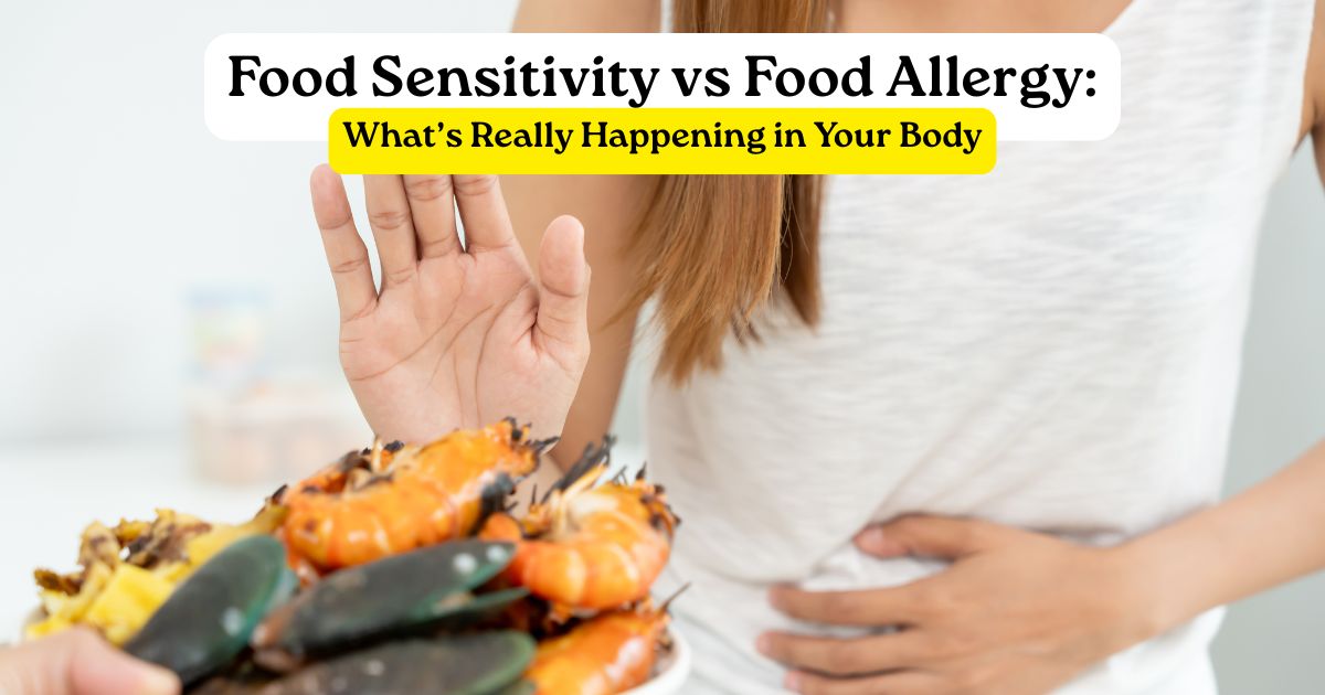 person holding stomach looking uncomfortable after eating illustrating food sensitivity vs food allergy symptoms