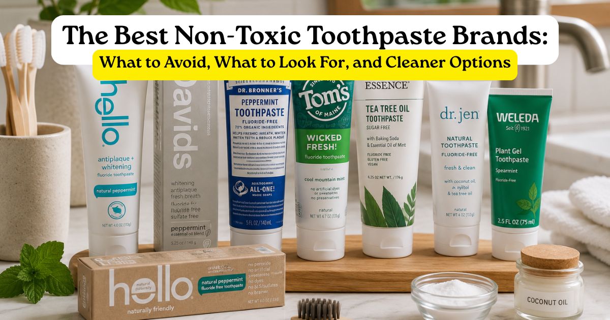 Clean non-toxic toothpaste brands displayed on a bathroom counter with natural oral care products and minimal ingredients packaging