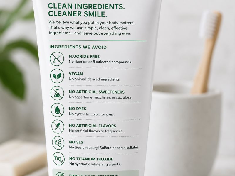 Close-up of a clean non toxic toothpaste ingredient label highlighting common ingredients to avoid