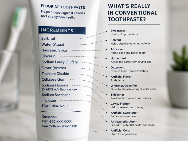 Close-up of a toothpaste ingredient label highlighting common ingredients found in conventional toothpaste